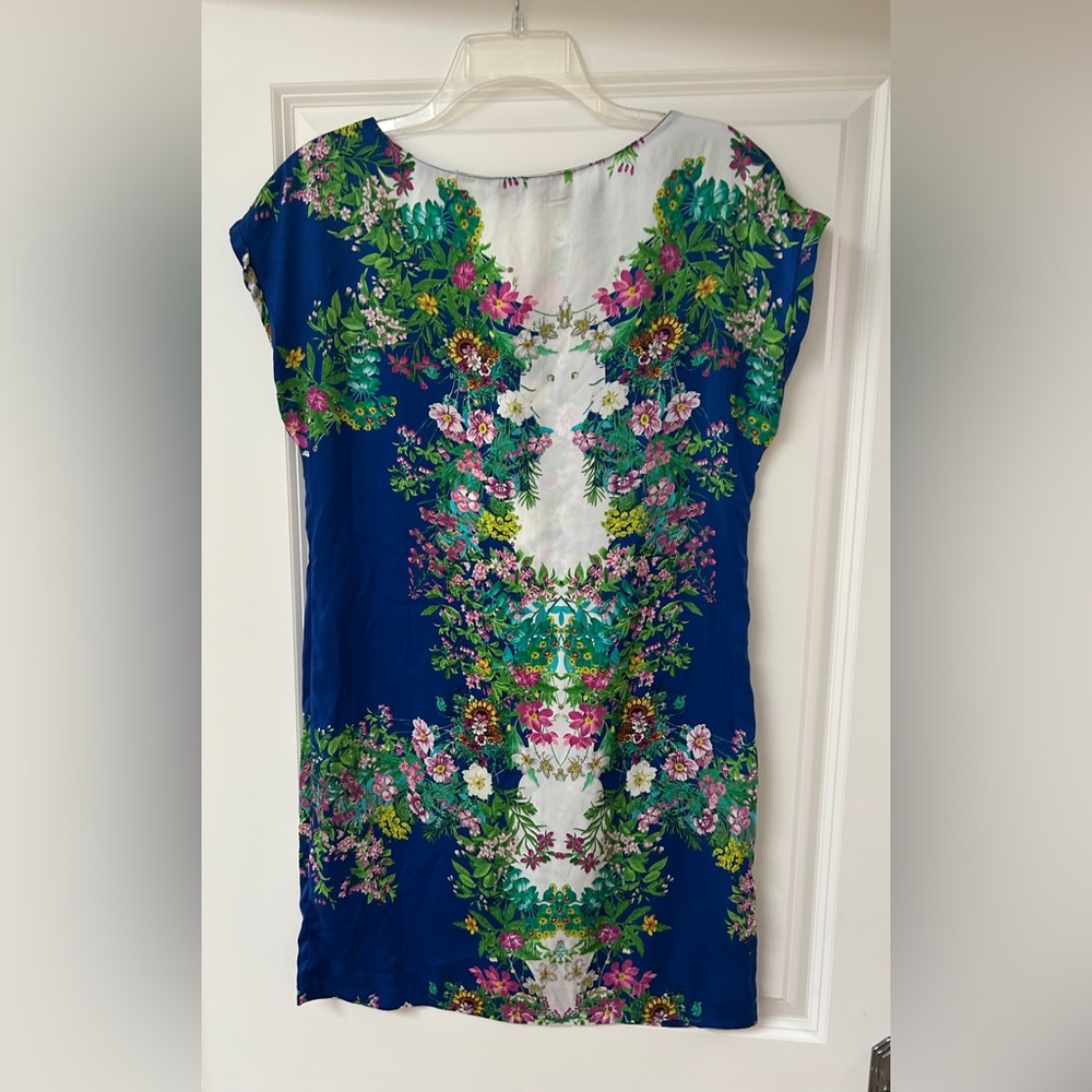 Zara Women Blue Floral-Print Silk-Style Cap-Sleeve Mini Tunic Dress - Small - Picture 7 of 8